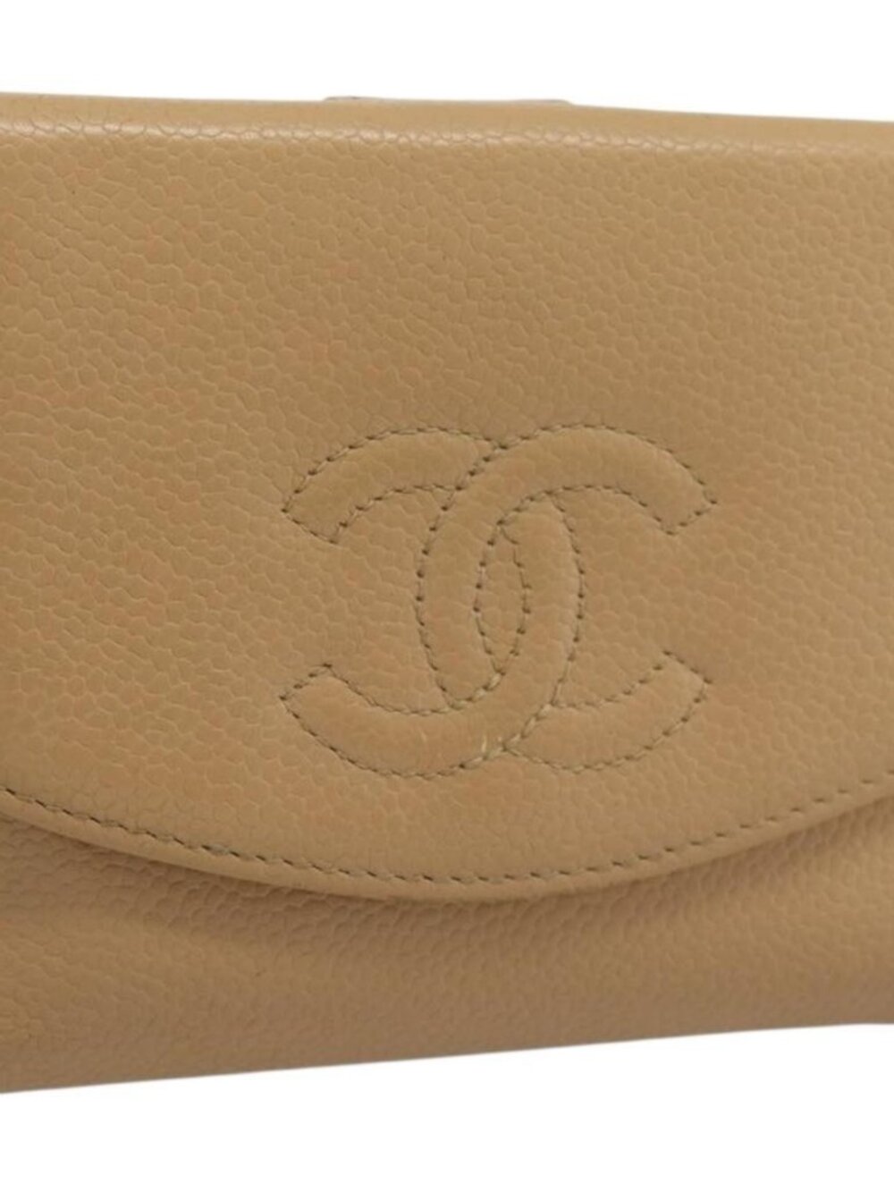 CHANEL Bifold Wallet Grained Calf Skin Beige Gold CC Auth 187885